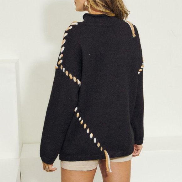 Rope Detail Ribbed Trim Mock Neck Sweater - Picture 2 of 4